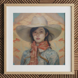 Dai Lu - Gaysian Lesbian Cowgirl Art Print / Canvas Cowboy Hat Wide Brim Orange Scarf Light Brown, Elegant Outlaw Reminding, Spirit’s Queer