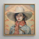 Dai Lu - Gaysian Lesbian Cowgirl Art Print / Canvas Framed Oil Painting Woman Wide-brimmed White Cowboy Hat, Elegant Outlaw Reminding,