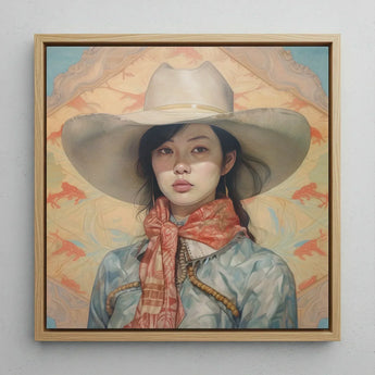 Dai Lu - Gaysian Lesbian Cowgirl Art Print / Canvas Framed Oil Painting Woman Wide-brimmed White Cowboy Hat, Elegant Outlaw Reminding,