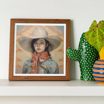 Dai Lu - Gaysian Lesbian Cowgirl Art Print / Canvas Framed Portrait Photograph Wide-brimmed Hat Patterned Scarf, Elegant Outlaw Reminding,