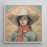 Dai Lu - Gaysian Lesbian Cowgirl Art Print / Canvas Framed Portrait Woman Wide-brimmed White Cowboy Hat Orange, Elegant Outlaw Reminding,