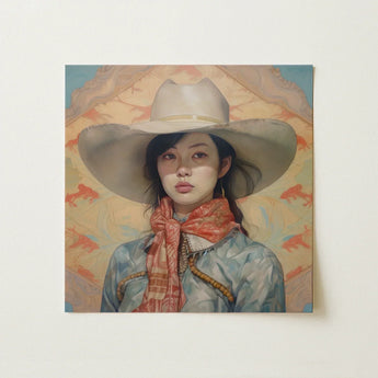 Dai Lu - Gaysian Lesbian Cowgirl Art Print / Canvas Square Painting Woman Wide-brimmed White Cowboy Hat, Elegant Outlaw Reminding, Spirit’s