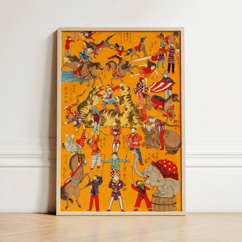 Daikyokubam Japanese Circus - Meiji Era Art Print / Canvas Vibrant Orange-framed Artwork Lively Scene Performers Animals Woodcut, Meiji-era