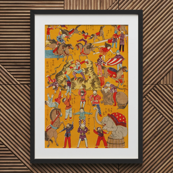 Daikyokubam Japanese Circus - Meiji Era Art Print / Canvas Vibrant Framed Circus-themed Artwork Colorful Performers Animals Mustard-yellow