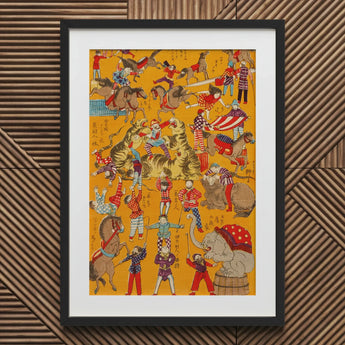 Daikyokubam Japanese Circus - Meiji Era Art Print / Canvas Vibrant Framed Circus-themed Artwork Colorful Performers Animals Mustard-yellow