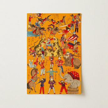 Daikyokubam Japanese Circus - Meiji Era Art Print / Canvas Vibrant Orange Rectangular Poster Lively Detailed Illustration Circus