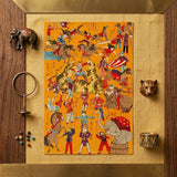 Daikyokubam Japanese Circus - Meiji Era Art Print / Canvas Vibrant Orange Circus-themed Print Performers Animals Chinese Characters