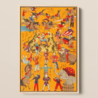 Daikyokubam Japanese Circus - Meiji Era Art Print / Canvas Vibrant Orange Vintage-style Circus Poster Framed Light Wood Daikyokubam