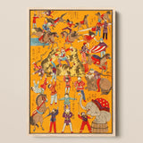 Daikyokubam Japanese Circus - Meiji Era Art Print / Canvas Vibrant Orange Vintage-style Poster Framed Light Wood Woodcut, Meiji-era Japan,