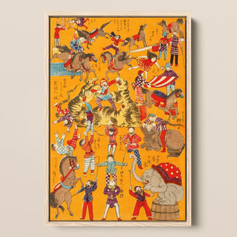 Daikyokubam Japanese Circus - Meiji Era Art Print / Canvas Vibrant Orange Vintage-style Poster Framed Light Wood Woodcut, Meiji-era Japan,