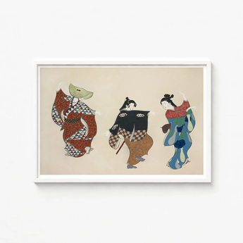 Framed Artwork Three Traditional Japanese Figures Colorful Patterned Kamisaka Sekka’s Dancers, Momoyogusa Woodblock Print, Sekka Art