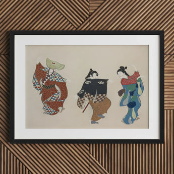 Dancers from Momoyogusa - Kamisaka Sekka Art Print / Canvas Black-framed Artwork Three Stylized Figures Traditional Japanese Attire