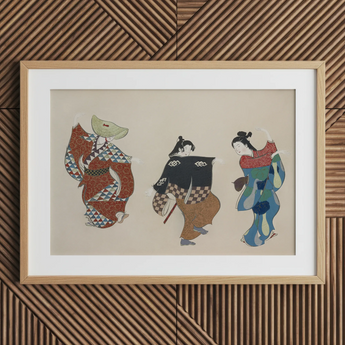 Dancers from Momoyogusa - Kamisaka Sekka Art Print / Canvas Framed Artwork Three Traditional Japanese Figures Colorful Patterned Kamisaka