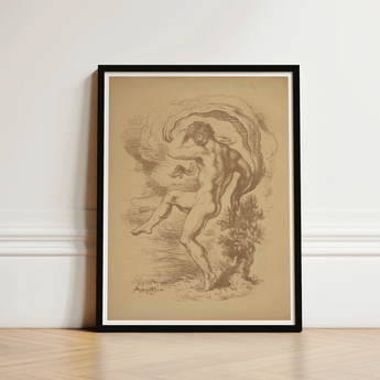Black-framed Art Print Sepia-toned Sketch Nude Male Figure Dancing, Louis Anquetin’s, Unspooling, Single Sepia Register, Knee Cresting