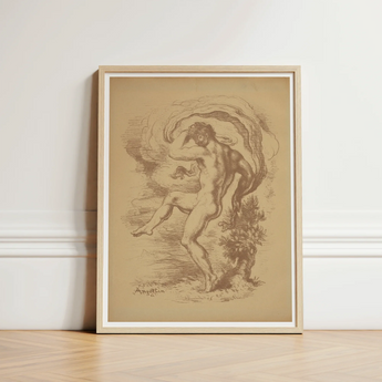 Framed Sepia-toned Sketch Nude Male Figure Dynamic Motion Dancing, Louis Anquetin’s, Unspooling, Single Sepia Register, Knee Cresting