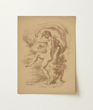 Sepia-toned Sketch Print Dynamic Nude Male Figure Motion Dancing, Louis Anquetin’s, Unspooling, Single Sepia Register, Knee Cresting