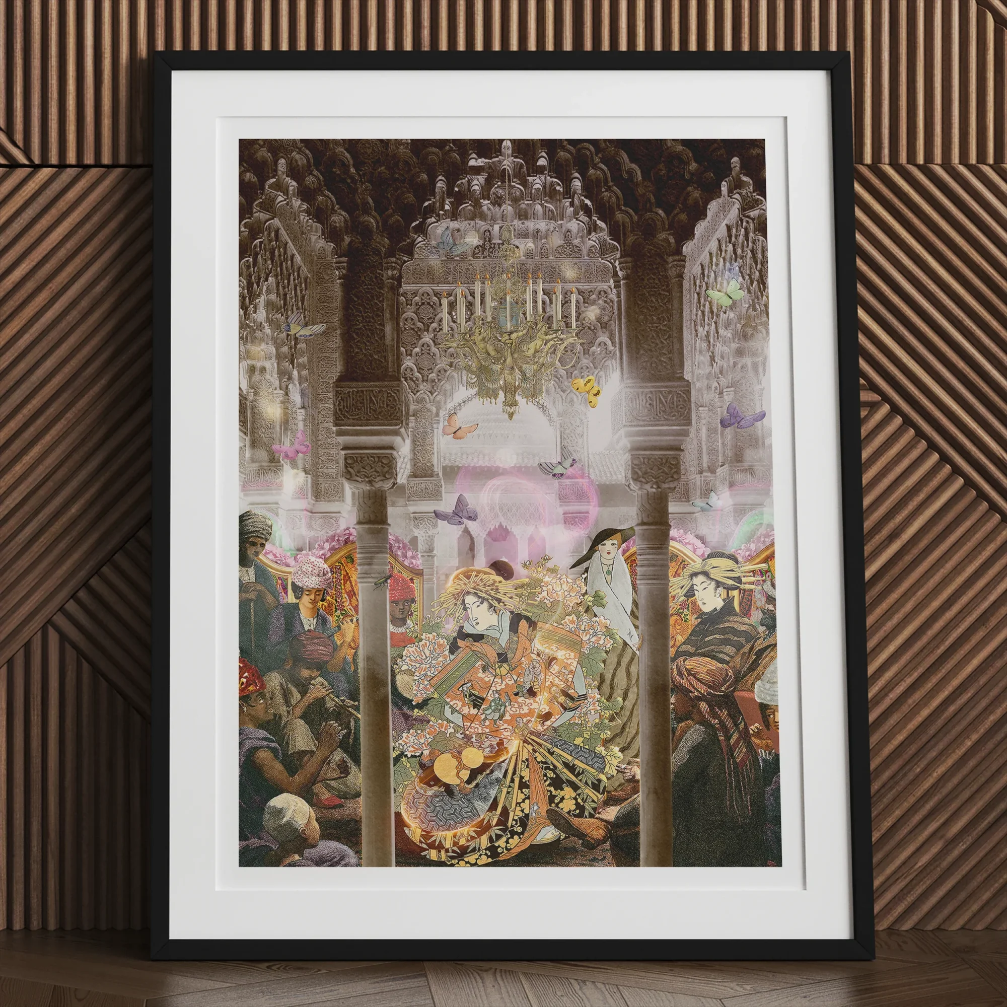 Dancing Queen Japanese Geisha Collage Art Print, Framed Artwork Ornate Fantastical Scene Intricate Vibrant Colors