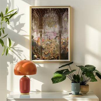 Dancing Queen - Japanese Geisha Collage Art Print Framed Artwork Ornate Interior Scene Floral Elements, Toby Leon Prints