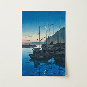 Serene Blue-toned Woodblock Print Tranquil Harbor Dusk Silhouetted Kawase Hasui’s Beppu, Waning Crescent Hangs, Low, Moored Fishing Boats,