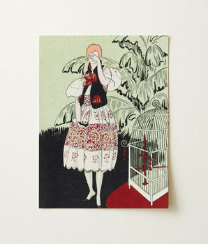 Artistic Illustrated Postcard Woman White Red Patterned Dress Captivating Pochoir Print, Bon Ton Art, Gazette Du