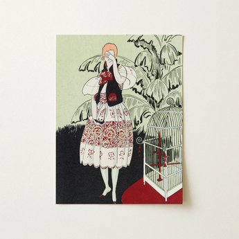 The Dead Bird - La Gazette Du Bon Ton 1920s Art Print / Canvas Artistic Illustrated Postcard Woman White Red Patterned Dress Captivating