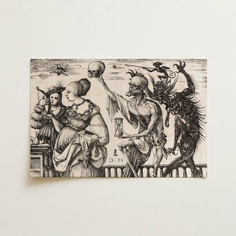 Black White Engraved Print Dramatic Scene Figures Skull Devil Surprising Two, Women, Daniel Hopfer, Augsburg, Lean