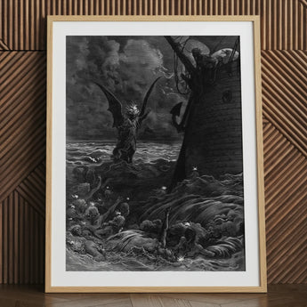 Death-fires Dancing Around the Becalmed Ship - Gustave Dore Art Print, 24x32’’ / 61x81cm / Natural Frame / 2’’ Matboard, Framed Black White