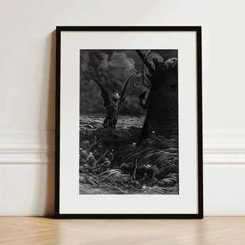 Death-fires Dancing Around the Becalmed Ship - Gustave Dore Art Print / Canvas Black-framed Artwork Dramatic Monochromatic Illustration