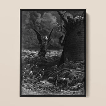 Death-fires Dancing Around the Becalmed Ship - Gustave Dore Art Print / Canvas Black-framed Winged Figure Turbulent Seas Rendered Detailed,