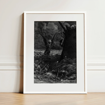 Death-fires Dancing Around the Becalmed Ship - Gustave Dore Art Print / Canvas Black-and-white Framed Artwork Demonic Figure Wings Amidst