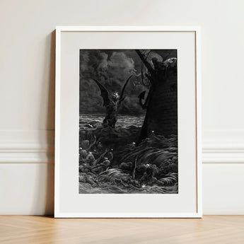 Death-fires Dancing Around the Becalmed Ship - Gustave Dore Art Print / Canvas Black-and-white Framed Artwork Demonic Figure Wings Amidst