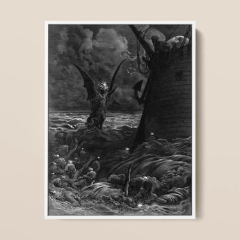 Death-fires Dancing Around the Becalmed Ship - Gustave Dore Art Print / Canvas Black-and-white Framed Artwork Demonic Figure Wings