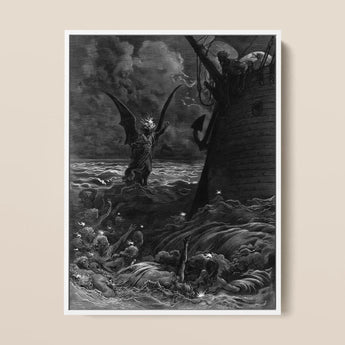 Death-fires Dancing Around the Becalmed Ship - Gustave Dore Art Print / Canvas Black-and-white Framed Artwork Demonic Figure Wings