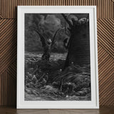 Death-fires Dancing Around the Becalmed Ship - Gustave Dore Art Print / Canvas Framed Black White Artwork Winged Demon Stormy Sea, Ash