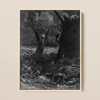 Death-fires Dancing Around the Becalmed Ship - Gustave Dore Art Print / Canvas Framed Black-and-white Demonic Figure Wings Turbulent Waves