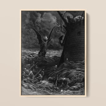 Death-fires Dancing Around the Becalmed Ship - Gustave Dore Art Print / Canvas Framed Black-and-white Demonic Figure Wings Turbulent Waves