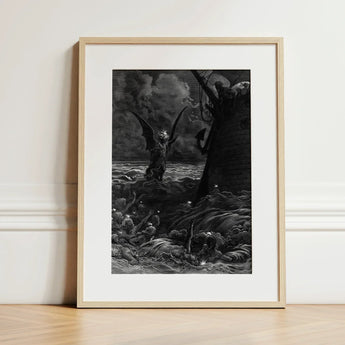 Death-fires Dancing Around the Becalmed Ship - Gustave Dore Art Print / Canvas Framed Black-and-white Illustration Demonic Figure Wings