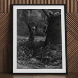 Death-fires Dancing Around the Becalmed Ship - Gustave Dore Art Print / Canvas Framed Print Dramatic Black White Illustration Winged Demon