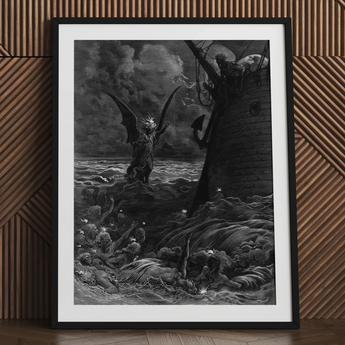 Death-fires Dancing Around the Becalmed Ship - Gustave Dore Art Print / Canvas Framed Print Dramatic Black White Illustration Winged Demon