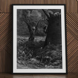 Death-fires Dancing Around the Becalmed Ship - Gustave Dore Art Print / Canvas Framed Dramatic Black White Illustration Winged Demon, Ash