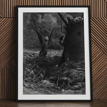 Death-fires Dancing Around the Becalmed Ship - Gustave Dore Art Print / Canvas Framed Dramatic Black White Illustration Winged Demon, Ash