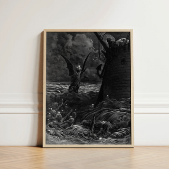 Framed Black-and-white Print Dramatic Detailed Demonic Figure Amidst Gustave Dore Art, Ash Commands, Becalmed Ship