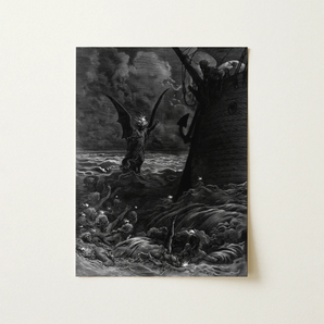 Death-fires Dancing Around the Becalmed Ship - Gustave Dore Art Print / Canvas Black-and-white Demonic Figure Wings Turbulent Ocean Waves,