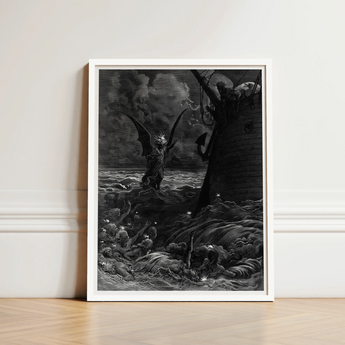 Black-and-white Framed Artwork Demonic Figure Wings Turbulent Waves Gustave Dore Art, Ash Commands, Becalmed Ship