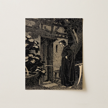 Black Cream Linocut Print Skeletal Figure Dark Robe Fritz Philipp Schmidt, Art