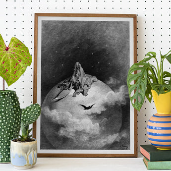 The Death - Gustave Dore Art Print / Canvas Black-and-white Illustrated Skeletal Figure Seated Atop Globe, Mercy Carved, Prints