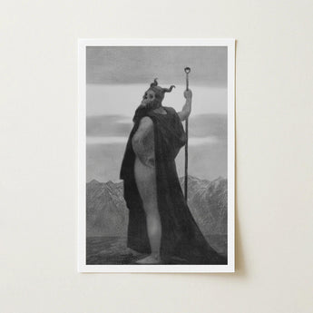 Death - Sascha Schneider Art Print / Canvas Black-and-white Framed Horned Bearded Figure Dark, Shapes Mortality, Skull-helmet Glares Prints