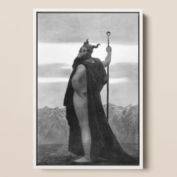Death - Sascha Schneider Art Print / Canvas Black-and-white Framed Artwork Horned Bearded Figure Dark Cloak, Shapes Mortality, Skull-helmet