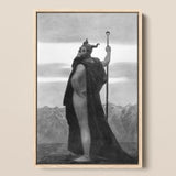 Death - Sascha Schneider Art Print / Canvas Black-and-white Framed Artwork Horned Cloaked Figure Staff Mountainous, Shapes Mortality,