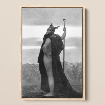 Death - Sascha Schneider Art Print / Canvas Black-and-white Framed Artwork Horned Cloaked Figure Staff Mountainous, Shapes Mortality,
